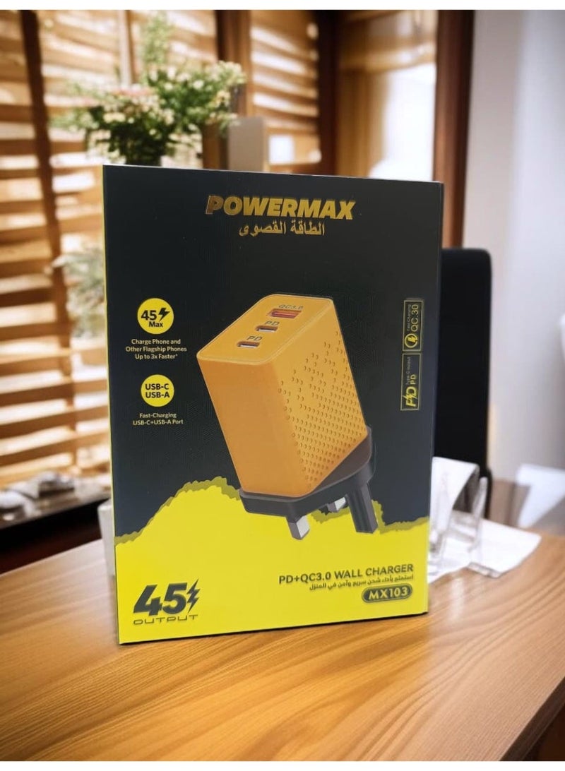 باور ماكس شاحن جداري POWERMAX MX103 بقدرة 45 واط ومنفذين سريعَيْن PD + USB - Image 1